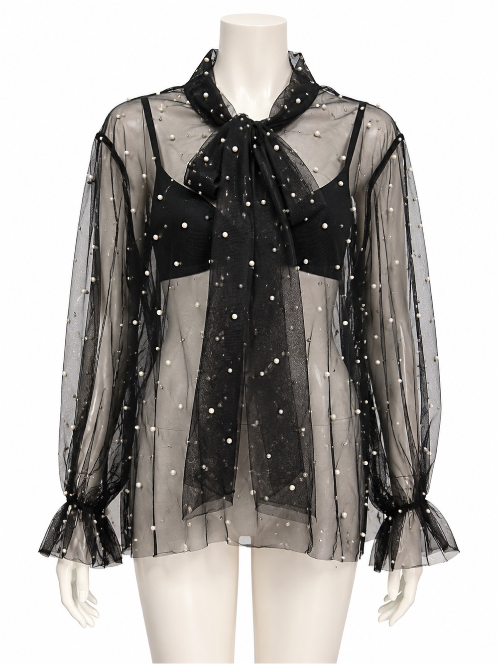 Lips & Bows 2X Black Sheer Pearl Embellished Bow Blouse